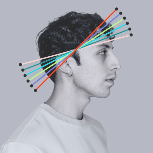 Black and white profile image of a man with dark hair with 5 colorful lines with black dots at the end running through his head.